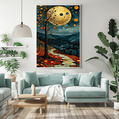 A vertical fine art painting in the style of Gustav Klimt. A massive, textured golden moon hangs in a dark, starlit sky above rolling teal mountains. A white, winding stone path leads through a foreground of orange and red autumn leaves. On the left, a slender tree is decorated with golden mosaic orbs. The overall style is rich in texture and golden ornamentation.