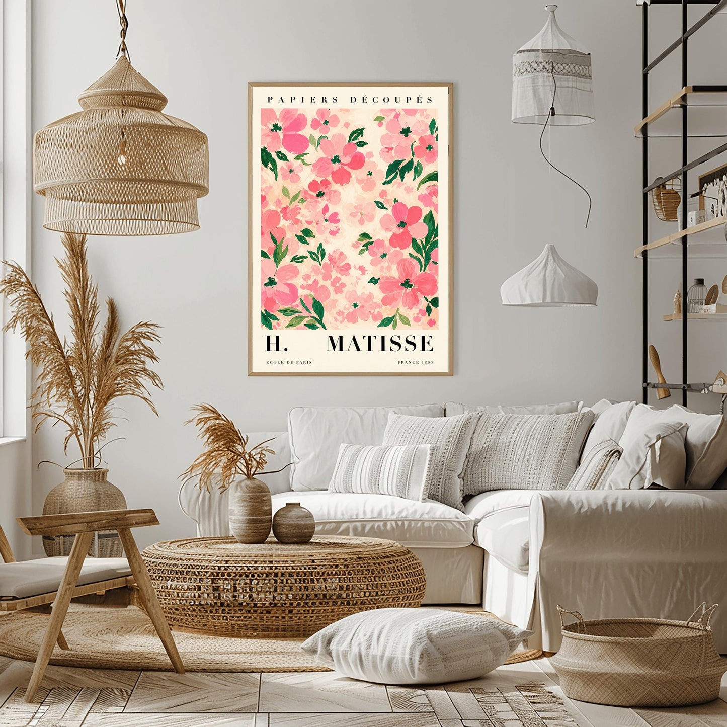 A vertical art print styled as a Henri Matisse exhibition poster. The central image is a dense pattern of soft pink and rose-colored flowers with dark green leaves on a cream-colored background. The flowers are painted with visible, textured brushstrokes. Above the image, the words "PAPIERS DÉCOUPÉS" are written in a black serif font. Below the image, the text reads "H. MATISSE" in large letters, with "ECOLE DE PARIS" and "FRANCE 1890" in smaller text at the bottom.