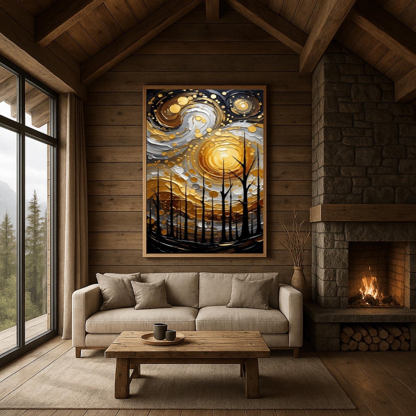 A vertical abstract painting in the style of Gustav Klimt. A group of black, silhouetted tree trunks stand in the foreground against a massive, swirling sun composed of concentric rings of gold, silver, and cream. The background is a dark, moody grey. The style features heavy, thick paint textures and metallic-looking circular accents scattered throughout.