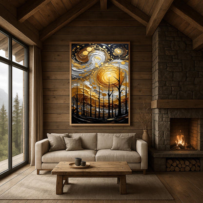 A vertical abstract painting in the style of Gustav Klimt. A group of black, silhouetted tree trunks stand in the foreground against a massive, swirling sun composed of concentric rings of gold, silver, and cream. The background is a dark, moody grey. The style features heavy, thick paint textures and metallic-looking circular accents scattered throughout.