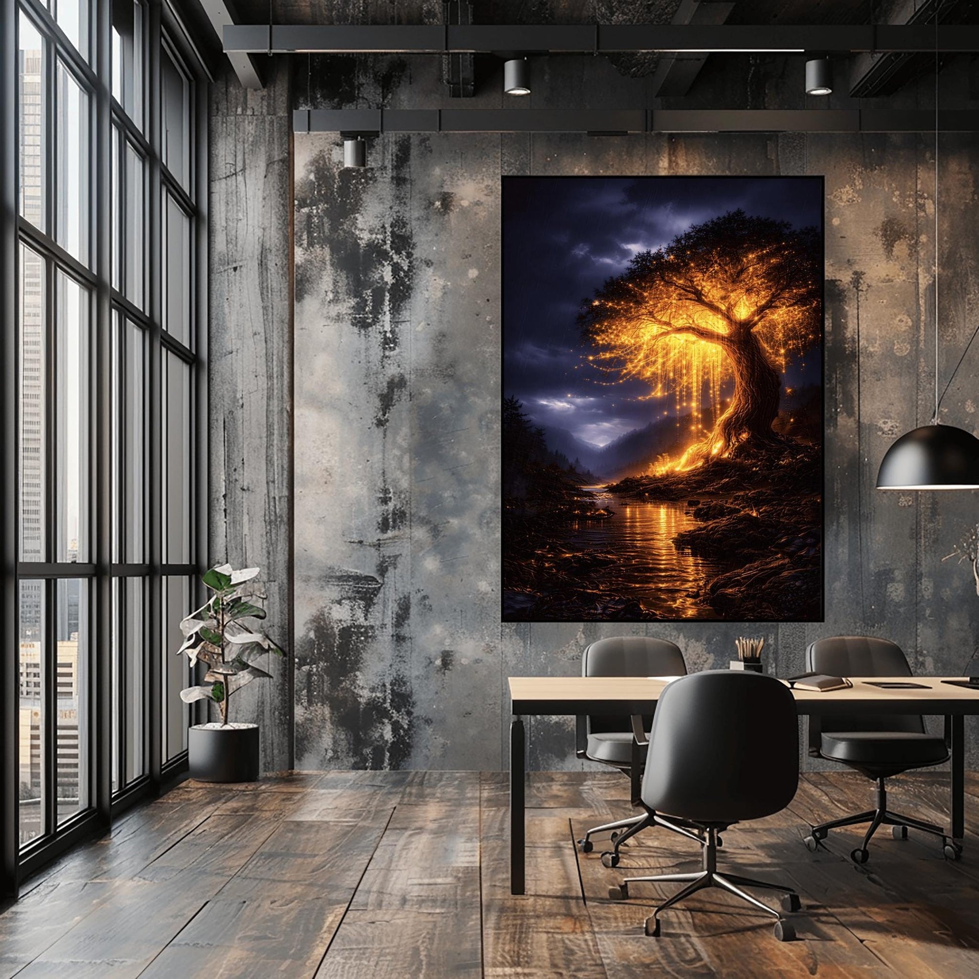 A vertical full-bleed illustration of a large weeping willow tree glowing with golden light in a stormy mountain valley. The tree stands by a dark river reflecting its gold light. The background features dark, rainy mountains and a moody indigo sky in the style of Gustav Klimt.