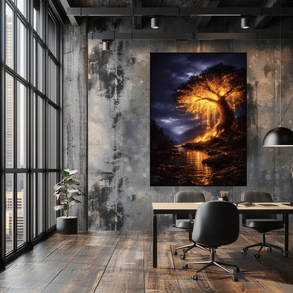 A vertical full-bleed illustration of a large weeping willow tree glowing with golden light in a stormy mountain valley. The tree stands by a dark river reflecting its gold light. The background features dark, rainy mountains and a moody indigo sky in the style of Gustav Klimt.
