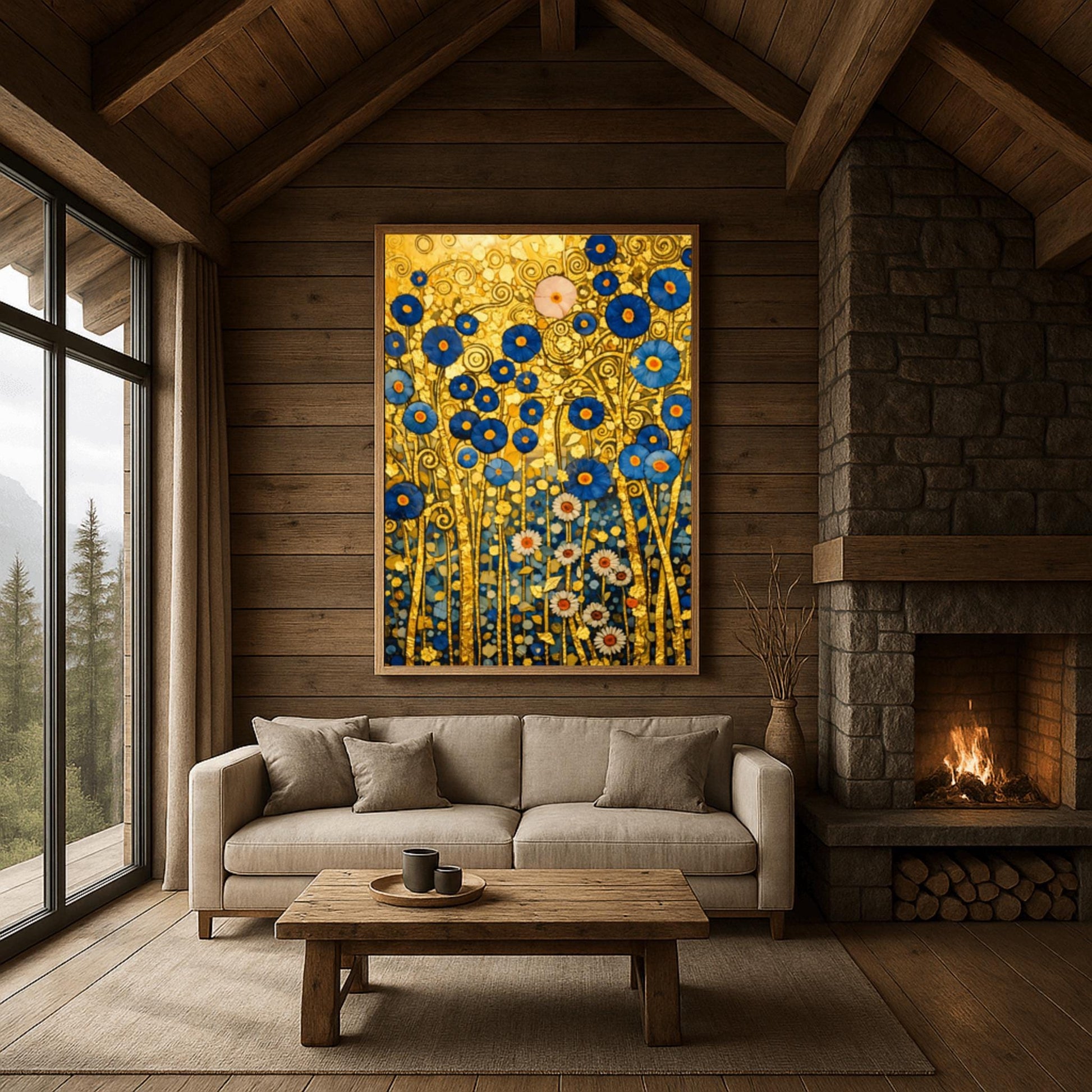 A vertical fine art landscape in the style of Gustav Klimt. A dense cluster of deep blue flowers with gold centers and white daisies grows against a textured gold leaf background filled with spirals and geometric patterns. The stems are slender and golden, creating a rich, mosaic-like botanical tapestry.