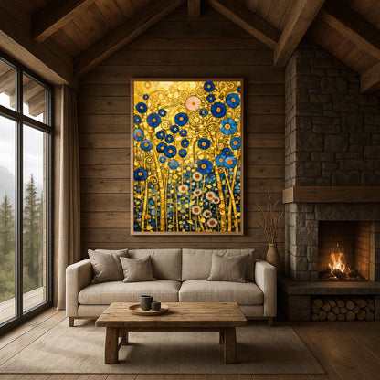 A vertical fine art landscape in the style of Gustav Klimt. A dense cluster of deep blue flowers with gold centers and white daisies grows against a textured gold leaf background filled with spirals and geometric patterns. The stems are slender and golden, creating a rich, mosaic-like botanical tapestry.