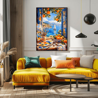 A vertical painterly illustration of an artist's studio window. In the foreground, a table holds a paint palette, brushes in a jar, and a bowl of oranges. Outside the open blue shutters, a sailboat drifts on a blue sea next to a coastal town and mountains.
