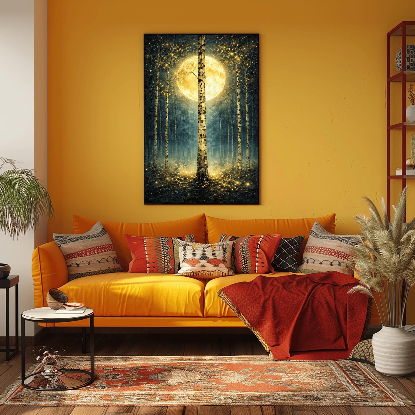 A vertical Art Nouveau-style illustration of a birch forest at night. A large golden moon hangs behind a central birch tree. The forest is filled with teal mist and shimmering golden stardust. The trees have intricate, mosaic-like textures on their bark.