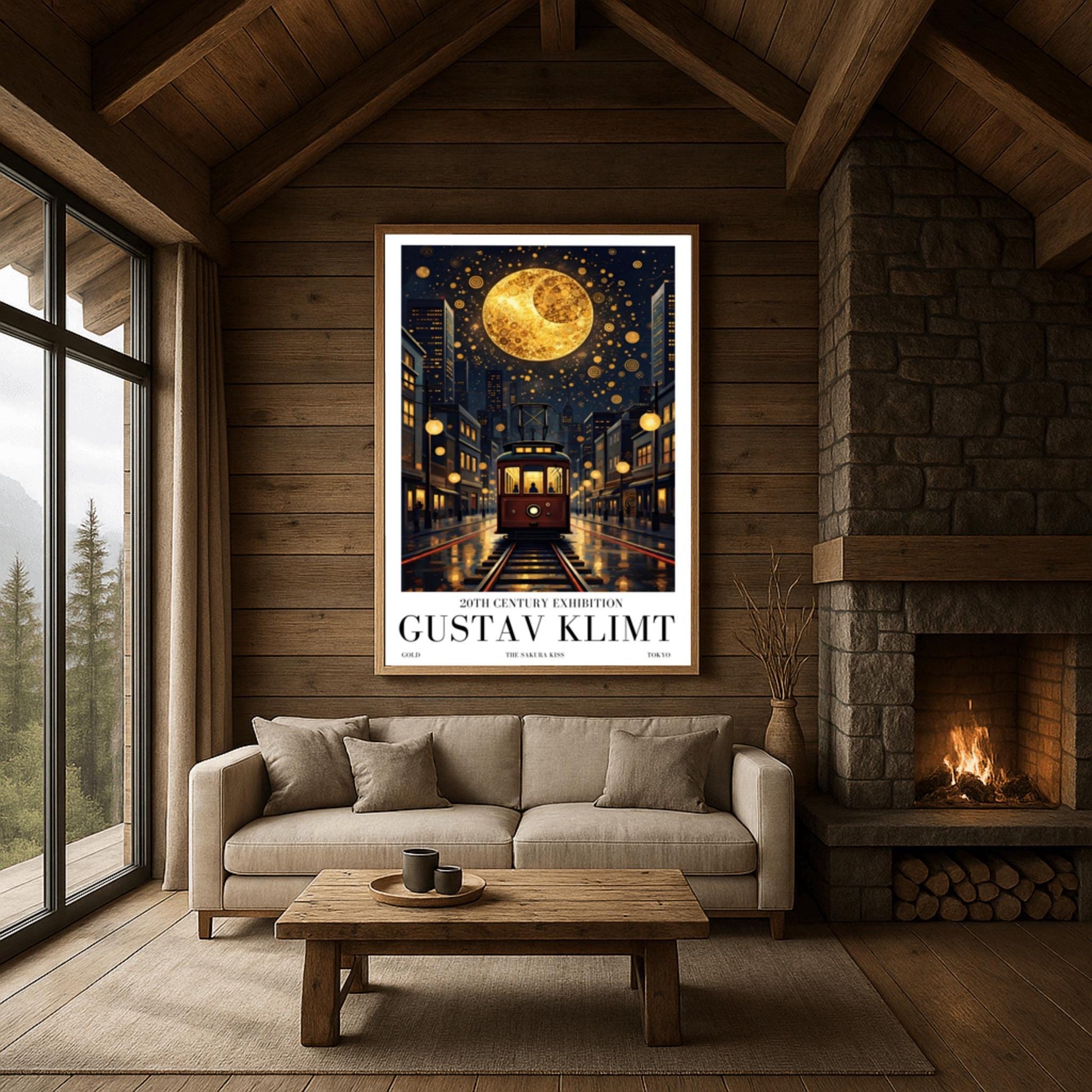 A vertical museum exhibition poster in the style of Gustav Klimt. A vintage-style red and brown streetcar sits on tracks in a Tokyo street at night, flanked by modern buildings. A massive golden moon with mosaic patterns fills the top of a dark sky crowded with golden spirals. Bold black text at the bottom reads "GUSTAV KLIMT" and "THE SAKURA KISS."