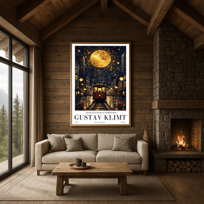 A vertical museum exhibition poster in the style of Gustav Klimt. A vintage-style red and brown streetcar sits on tracks in a Tokyo street at night, flanked by modern buildings. A massive golden moon with mosaic patterns fills the top of a dark sky crowded with golden spirals. Bold black text at the bottom reads "GUSTAV KLIMT" and "THE SAKURA KISS."