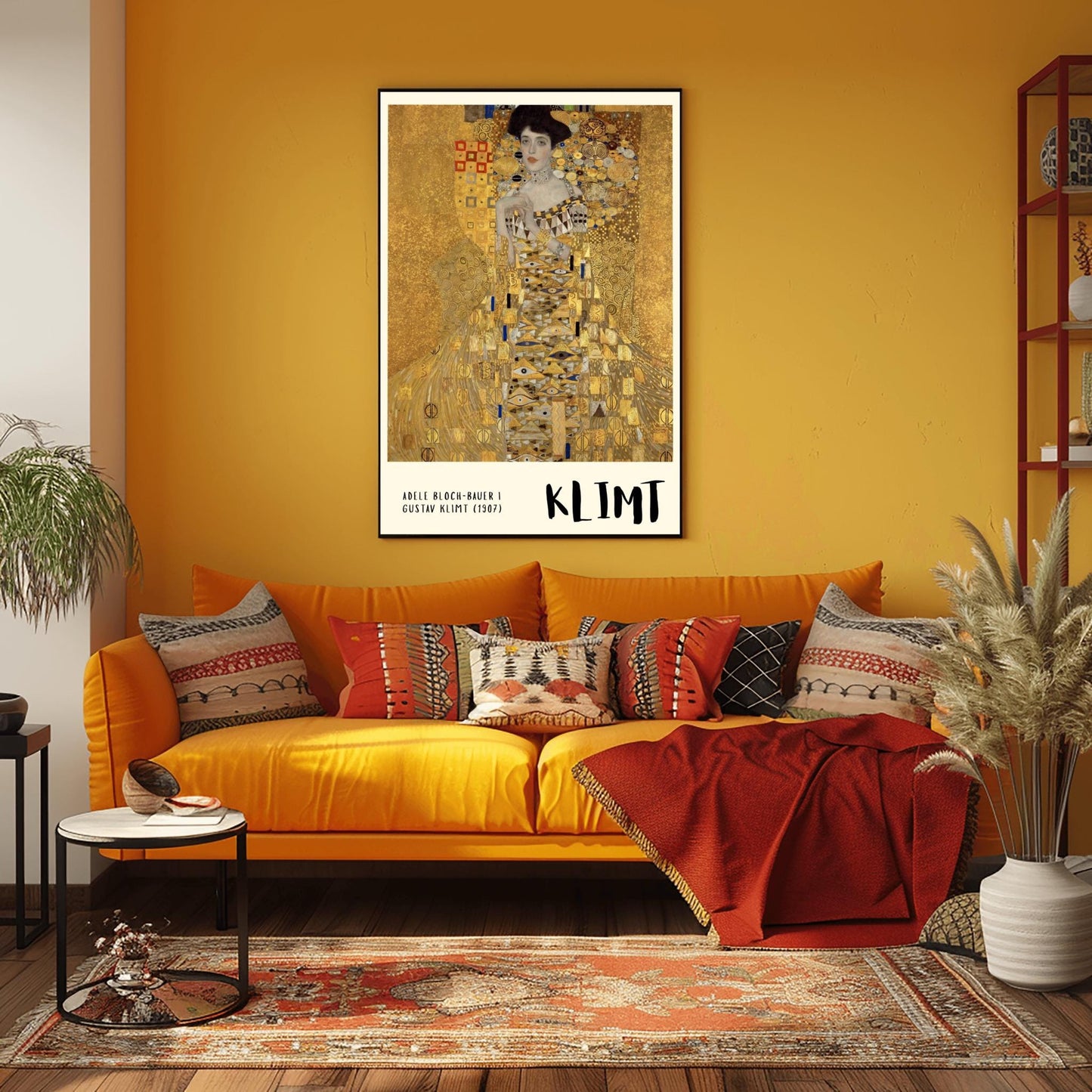 A vertical museum exhibition poster of Gustav Klimt's 1907 "Portrait of Adele Bloch-Bauer I." A woman is shown encased in a lavish gold dress with eye and triangle patterns against a shimmering gold mosaic background. The bottom border is cream with bold black text reading "ADELE BLOCH-BAUER I" and "KLIMT."