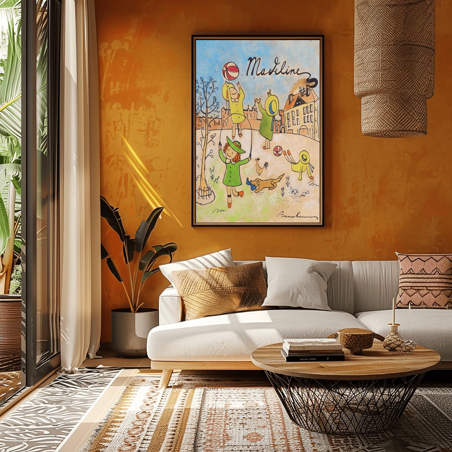 A vertical fine art exhibition poster featuring a vintage book cover style illustration of Madeline by Ludwig Bemelmans, set against a wide white gallery border. On a warm, aged parchment background with a blue sky, children in yellow hats are shown jumping rope, throwing a ball, and doing a handstand alongside a small dog. The name "Madeline" is written in elegant black script at the top.