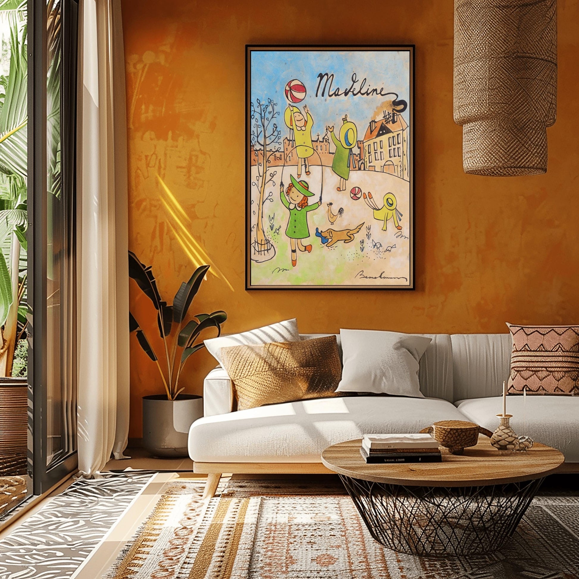 A vertical fine art exhibition poster featuring a vintage book cover style illustration of Madeline by Ludwig Bemelmans, set against a wide white gallery border. On a warm, aged parchment background with a blue sky, children in yellow hats are shown jumping rope, throwing a ball, and doing a handstand alongside a small dog. The name "Madeline" is written in elegant black script at the top.