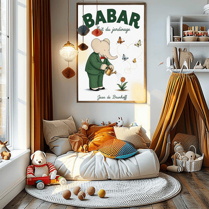 A vertical fine art exhibition poster featuring a classic illustration of Babar the Elephant by Jean de Brunhoff. Set within a wide white border on a textured off-white background, the elephant is shown in a green suit and red bowtie watering a red tulip with a gold can. Four butterflies fly nearby, leaving a dotted line that forms a heart shape. Bold green text at the top reads "BABAR fait du jardinage".