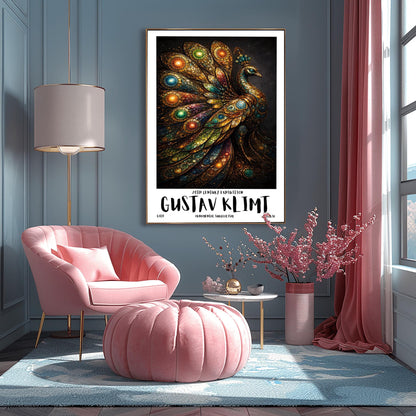 A vertical exhibition poster for Gustav Klimt. A peacock is shown in profile with a large, spread-out tail made of golden mosaic patterns and glowing jewel-toned circles in green, blue, and amber. The background is dark, and the bottom features bold text reading "GUSTAV KLIMT."