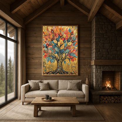 A vertical fine art print in the style of Gustav Klimt. A large tree with a dark mosaic trunk and golden swirling branches is centered on a textured gold background. The leaves are large, teardrop-shaped jewels in shades of red, orange, and blue. The background is filled with ornate golden symbols and spirals.