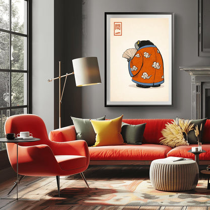 A vertical Japanese woodblock-style art print of a large, dark grey-black frog seen from behind. The frog is wearing an ornate burnt orange kimono decorated with white cloud motifs and blue piping. It holds a beige folding fan in its small hand. In the top left corner is a red rectangular stamp containing Japanese calligraphy. The entire image is set against a textured, pale cream background in a minimalist aesthetic.