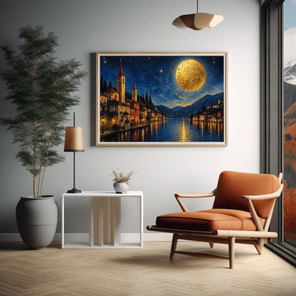 A horizontal art print in a decorative mosaic style inspired by Gustav Klimt. A charming lakeside village with warm-lit windows and tall church spires sits along the edge of dark blue water. A massive, glowing golden moon with heavy texture hangs in a starry night sky. The light from the moon and the town reflects in long, shimmering streaks on the water. The mountains in the distance are shaded in soft blues and purples.