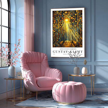 A vertical museum exhibition poster in the style of Gustav Klimt. Dark, slender tree trunks stand in a forest where the sky and ground are made of dense gold and blue mosaic circles. A bright sun in the upper center casts long, sharp pillars of light down to the forest floor. Bold black text at the bottom reads "GUSTAV KLIMT" and "HISTORY OF AUSTRIAN ART."
