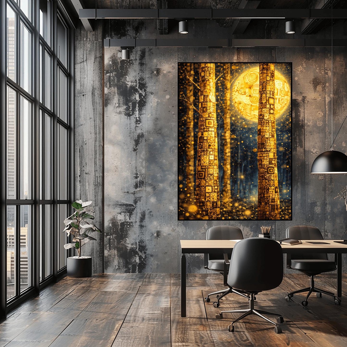 A vertical art print in the style of Gustav Klimt. Two tall tree trunks in the foreground are covered in a dense, golden mosaic of squares, circles, and intricate geometric patterns. In the background, a large, glowing golden moon with swirling patterns hangs in a dark blue forest. The entire scene is filled with shimmering golden light particles and soft bokeh orbs, creating a luminous and magical atmosphere.