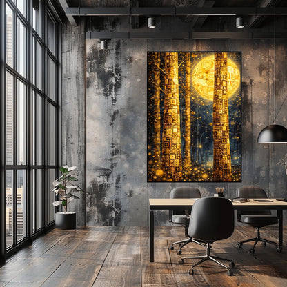 A vertical art print in the style of Gustav Klimt. Two tall tree trunks in the foreground are covered in a dense, golden mosaic of squares, circles, and intricate geometric patterns. In the background, a large, glowing golden moon with swirling patterns hangs in a dark blue forest. The entire scene is filled with shimmering golden light particles and soft bokeh orbs, creating a luminous and magical atmosphere.