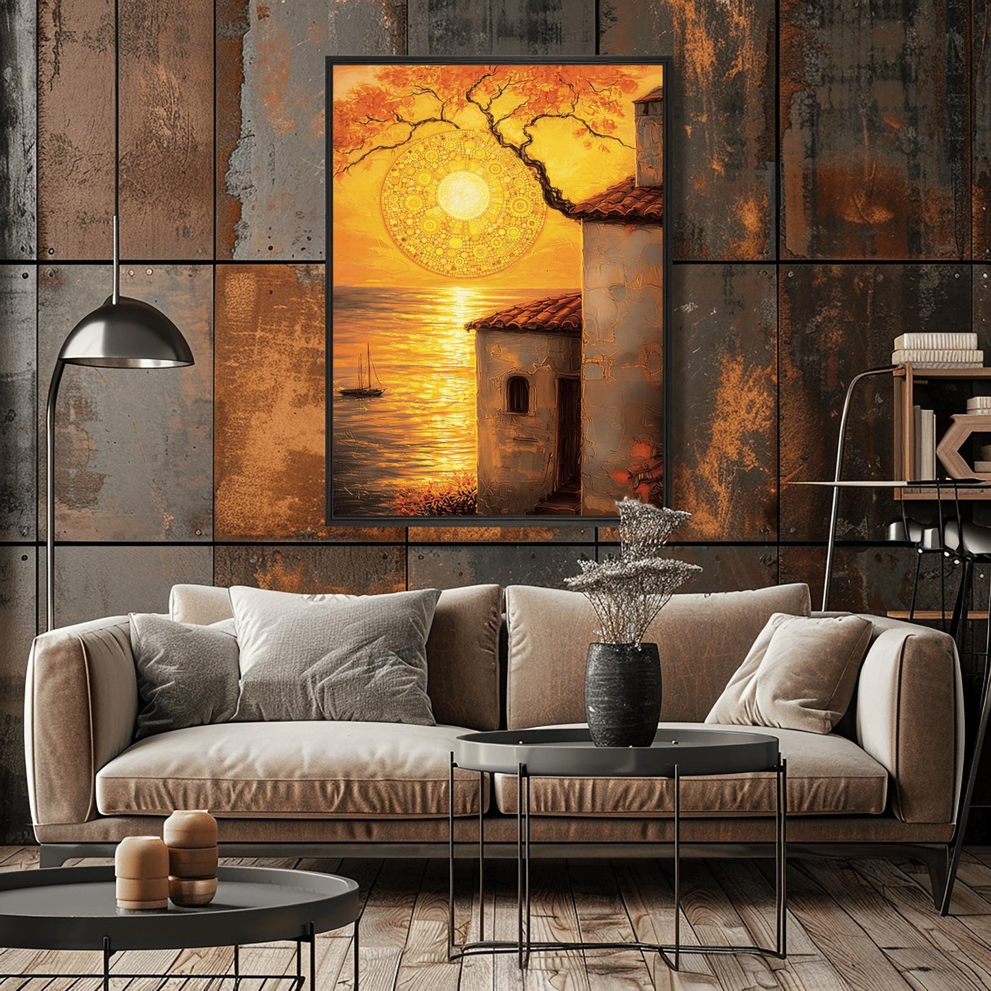 A vertical fine art print in the style of Gustav Klimt. A large, intricate golden mosaic sun hangs in an orange sky, partially framed by a dark tree branch. In the foreground, a rustic white villa with a red roof stands next to a golden sea where a small sailboat is visible. The entire scene is bathed in warm gold and amber light.
