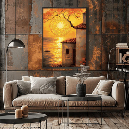 A vertical fine art print in the style of Gustav Klimt. A large, intricate golden mosaic sun hangs in an orange sky, partially framed by a dark tree branch. In the foreground, a rustic white villa with a red roof stands next to a golden sea where a small sailboat is visible. The entire scene is bathed in warm gold and amber light.