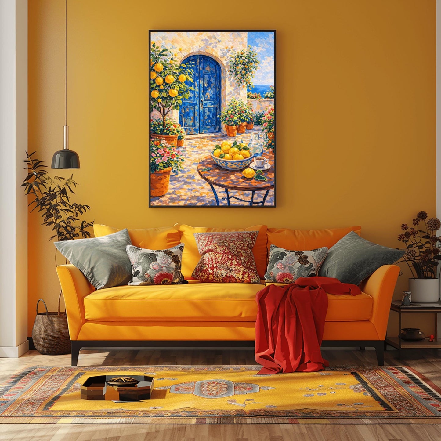 A vertical painterly illustration of a sun-drenched Mediterranean courtyard with a large arched blue door. A table in the foreground holds a bowl of lemons and a cup of coffee. Terracotta pots with flowers and a lemon tree surround the stone patio, with a view of the blue sea in the background.