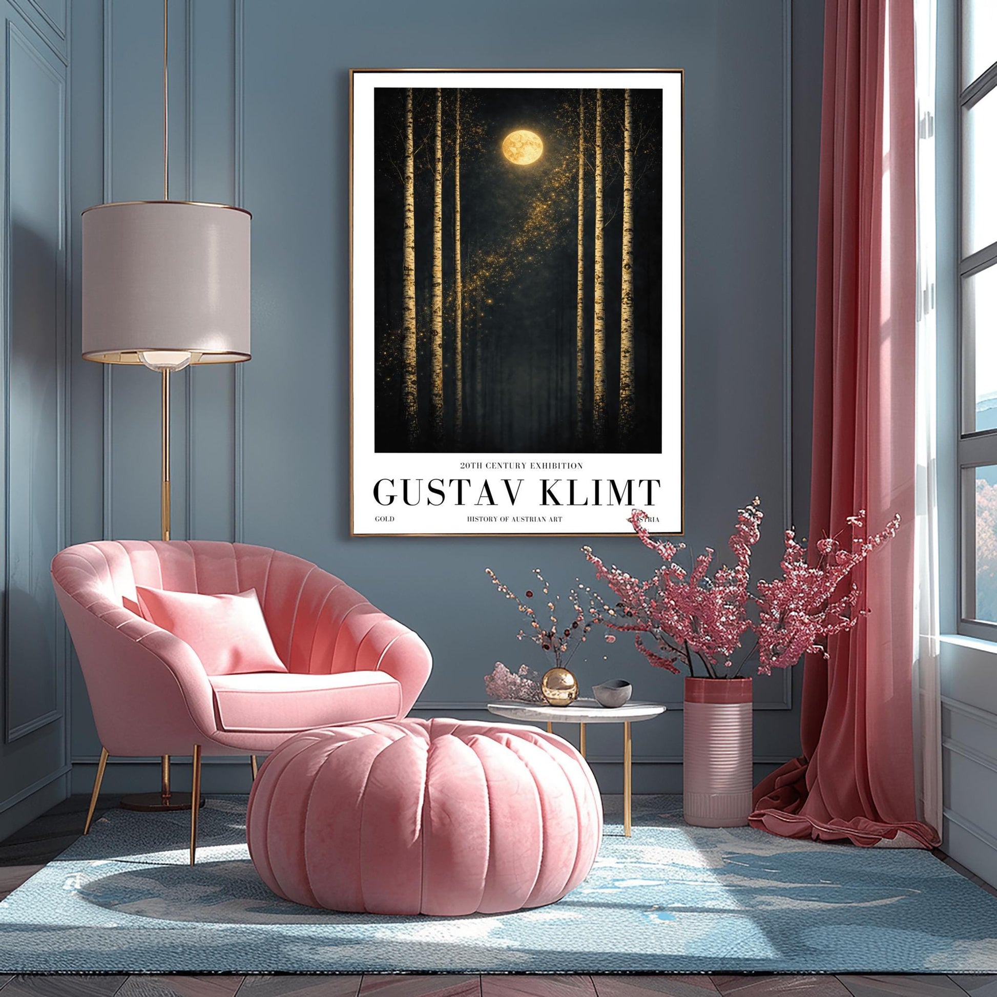 A vertical museum exhibition poster featuring six slender birch trees against a dark sky. A golden moon and a diagonal trail of stardust are centered at the top. Below the art, the text reads "20th Century Exhibition," "GUSTAV KLIMT," and "History of Austrian Art" in black serif font.