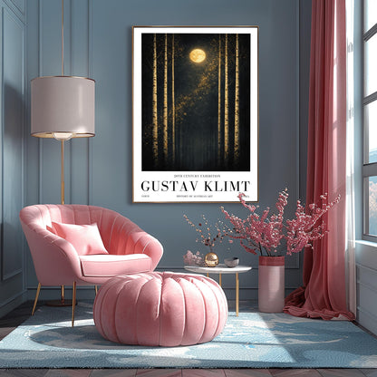 A vertical museum exhibition poster featuring six slender birch trees against a dark sky. A golden moon and a diagonal trail of stardust are centered at the top. Below the art, the text reads "20th Century Exhibition," "GUSTAV KLIMT," and "History of Austrian Art" in black serif font.