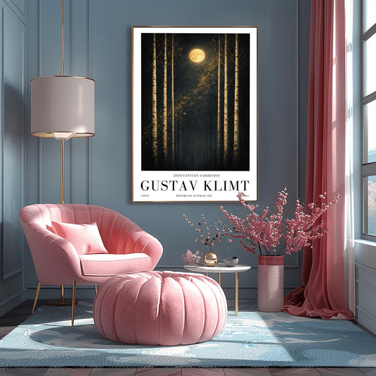 A vertical museum exhibition poster featuring six slender birch trees against a dark sky. A golden moon and a diagonal trail of stardust are centered at the top. Below the art, the text reads "20th Century Exhibition," "GUSTAV KLIMT," and "History of Austrian Art" in black serif font.
