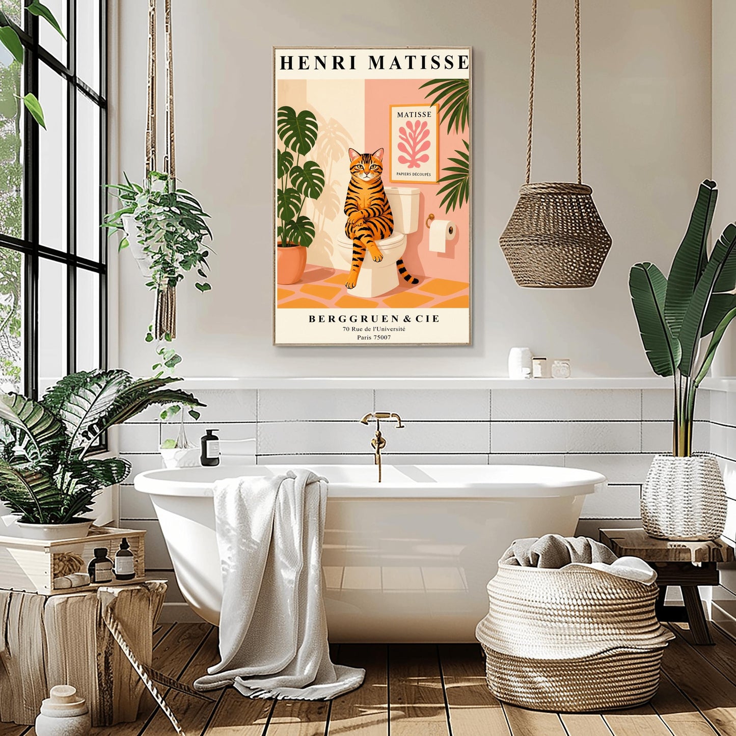 Tabby Cat on Toilet Art Print: Funny Matisse Style Bathroom Wall Art