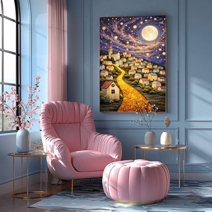 A vertical fine art print in the style of Gustav Klimt. A glowing road made of golden cobblestones winds up a steep hillside filled with small, charming houses. A massive, luminous full moon hangs in a purple and blue sky filled with stars and golden floating orbs.