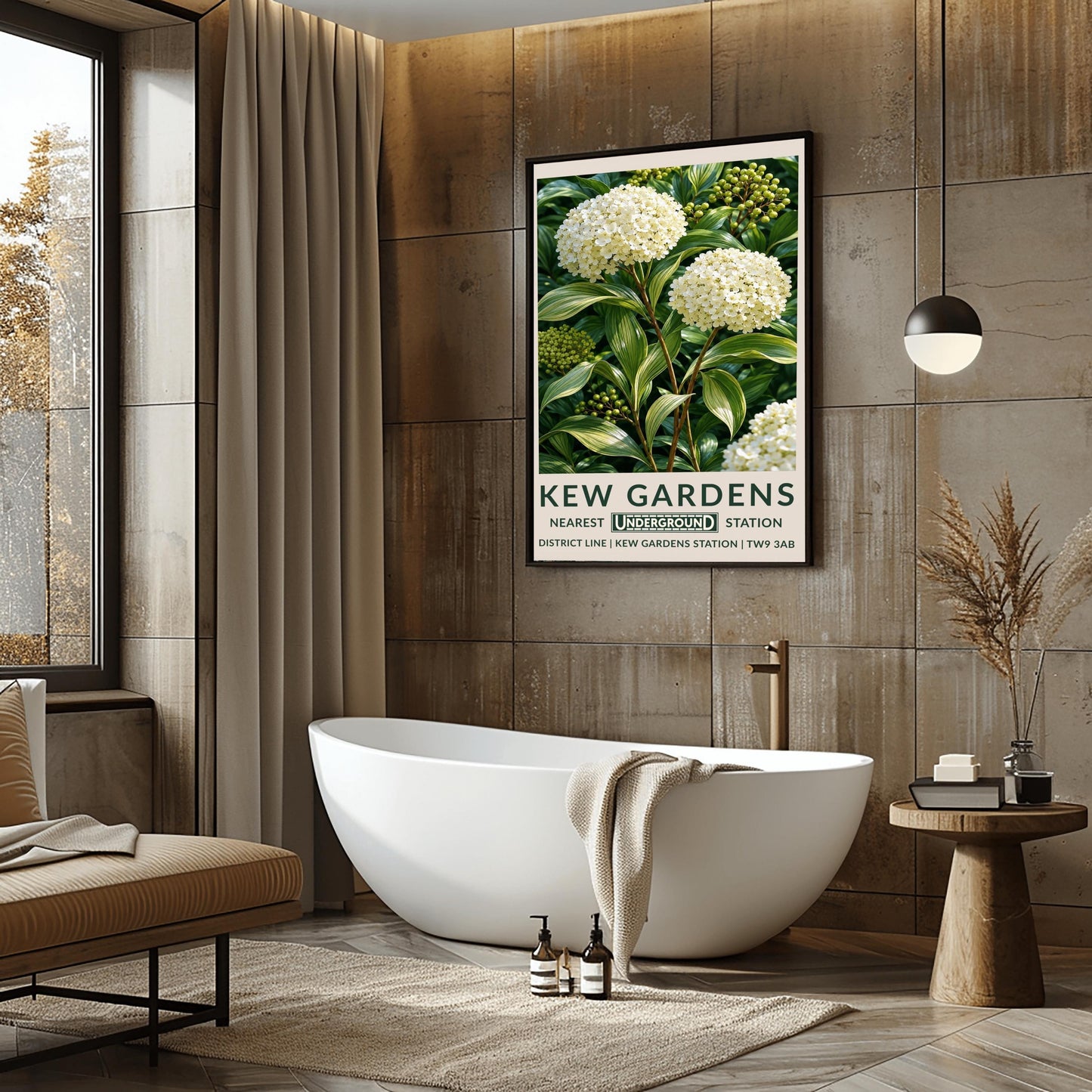 A vertical retro London Underground travel poster for Kew Gardens on a wide cream border. The top image shows a close-up, detailed botanical illustration of two large, round white hydrangea flower clusters surrounded by long, variegated green and white leaves and small green berries. The bottom cream border features the text "KEW GARDENS" in dark green, followed by "NEAREST UNDERGROUND STATION" flanking an authentic boxed Underground logo