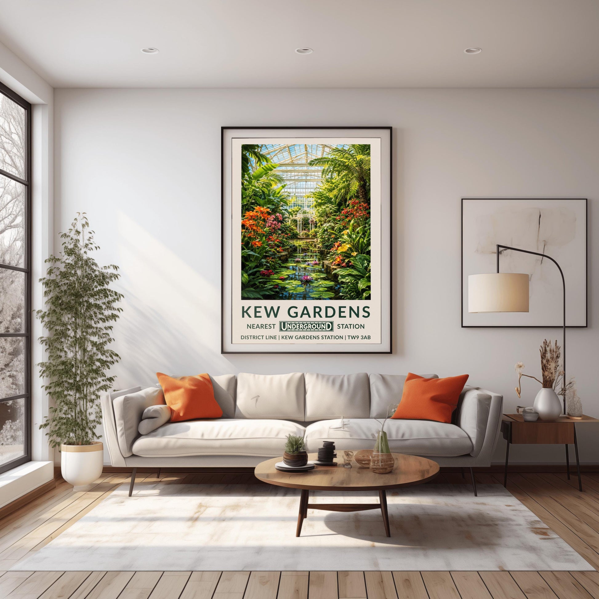 A vertical retro London Underground travel poster for Kew Gardens on a wide cream border. The top image shows a beautiful, detailed illustration of the inside of a large white Victorian glass conservatory. Sunlight shines through the glass roof onto a central water lily pond filled with blooming pink and purple flowers and lily pads. The water is surrounded by lush green palm trees, ferns, orange lilies, and a white metal gazebo in the background.
