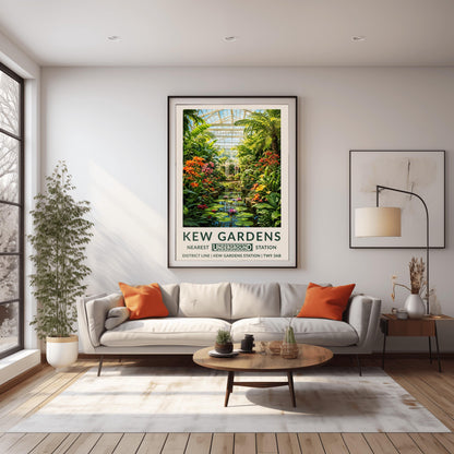 A vertical retro London Underground travel poster for Kew Gardens on a wide cream border. The top image shows a beautiful, detailed illustration of the inside of a large white Victorian glass conservatory. Sunlight shines through the glass roof onto a central water lily pond filled with blooming pink and purple flowers and lily pads. The water is surrounded by lush green palm trees, ferns, orange lilies, and a white metal gazebo in the background.