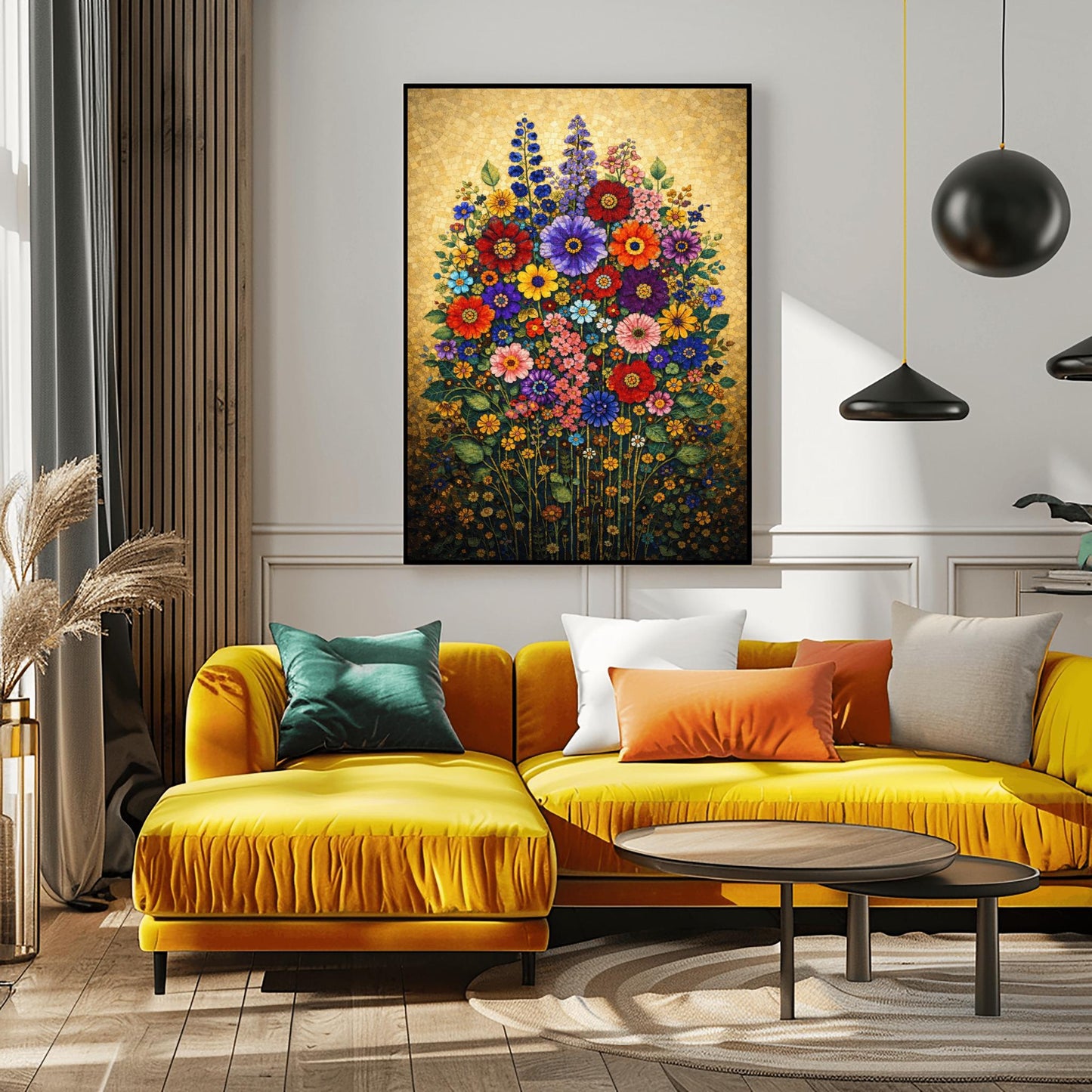 A vertical art print in the style of Gustav Klimt featuring a dense bouquet of colorful wildflowers. The flowers, including red, purple, and orange zinnias and tall blue delphiniums, are rendered as intricate mosaics with geometric patterns. The entire arrangement is set against a shimmering, gold-tiled background that glows with metallic light. The style is highly decorative, maximalist, and vibrant.