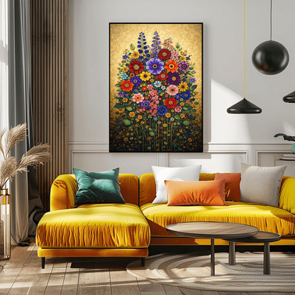 A vertical art print in the style of Gustav Klimt featuring a dense bouquet of colorful wildflowers. The flowers, including red, purple, and orange zinnias and tall blue delphiniums, are rendered as intricate mosaics with geometric patterns. The entire arrangement is set against a shimmering, gold-tiled background that glows with metallic light. The style is highly decorative, maximalist, and vibrant.