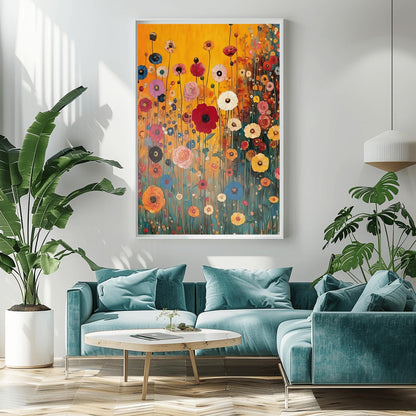 A vertical fine art print in the style of Gustav Klimt featuring a dense field of wildflowers. Red, blue, pink, and yellow flowers on long, thin green stalks grow against a solid amber-gold background. The painting features small ornamental dots and mosaic details throughout the meadow.