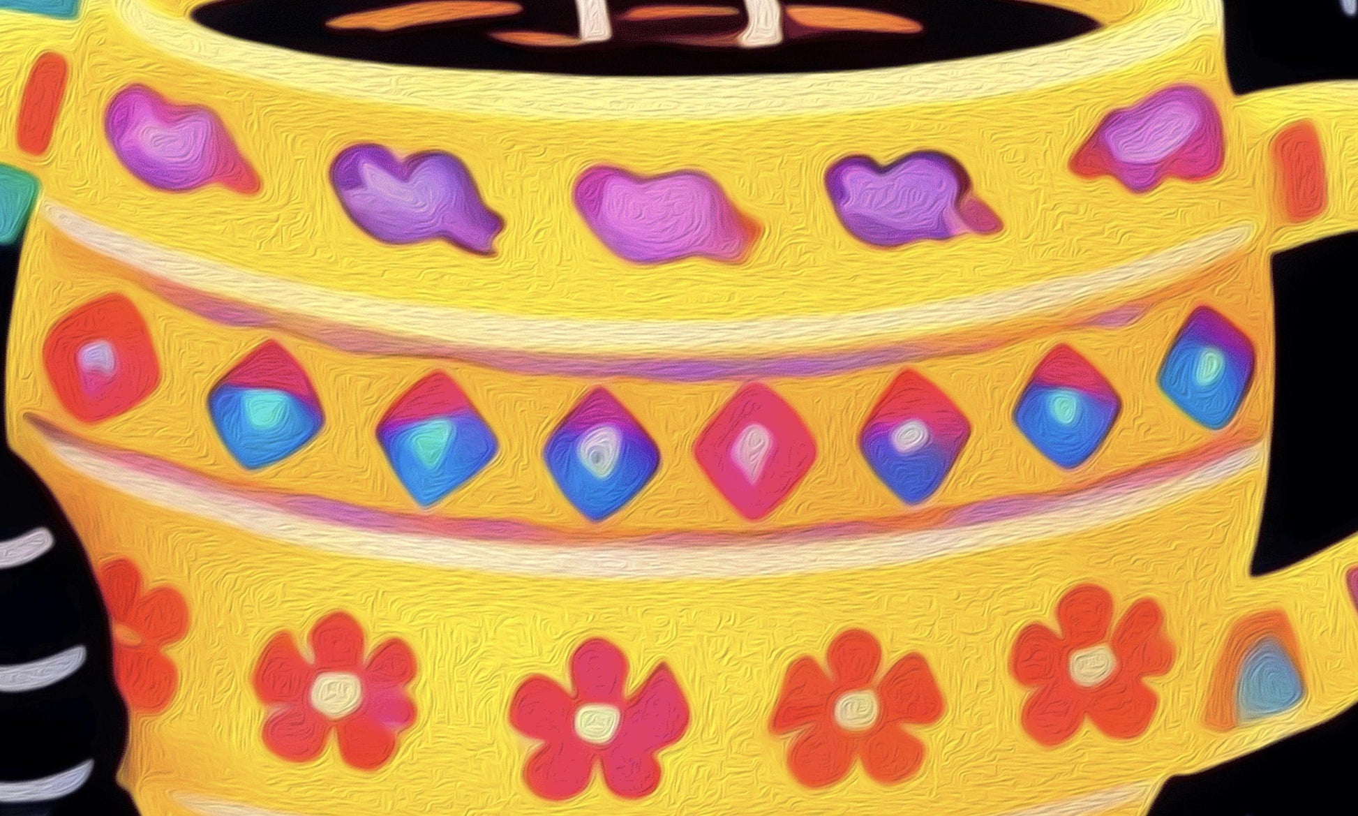 A vertical, colorful folk-art illustration of a black cat with green eyes holding a steaming yellow patterned mug. The cat has small white dashed lines for fur and is sitting next to several decorated flower pots containing a cactus and various colorful plants. A butterfly and a dragonfly fly in the upper portion of the image. The background is a bright, speckled gradient of yellow, pink, and orange.