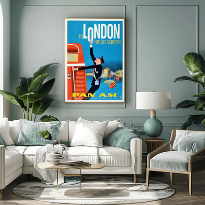 A vertical vintage travel poster with a blue background. At the top, the words "TO LONDON BY JET CLIPPER" are written in white and yellow font. A graphic illustration shows a bus conductor in a black uniform swinging off a large red double-decker bus on the left, reaching his arm up to hold the letter O in "LONDON". The lower background features stylized yellow and blue buildings of Piccadilly Circus with small red buses. The bottom features yellow "PAN AM" branding.