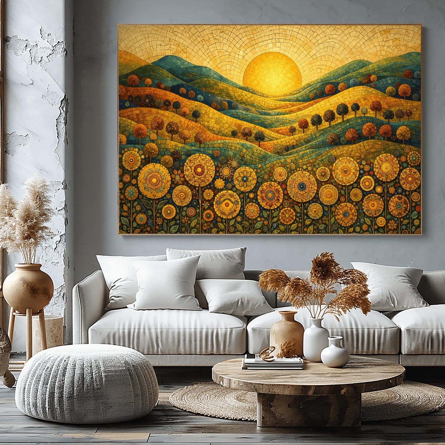 A horizontal landscape illustration in a mosaic style. A large golden sun is centered in a tiled sky above rolling hills of teal, gold, and orange. The hills are populated with small rounded trees. The foreground is a dense field of intricate, circular mandala-style flowers.