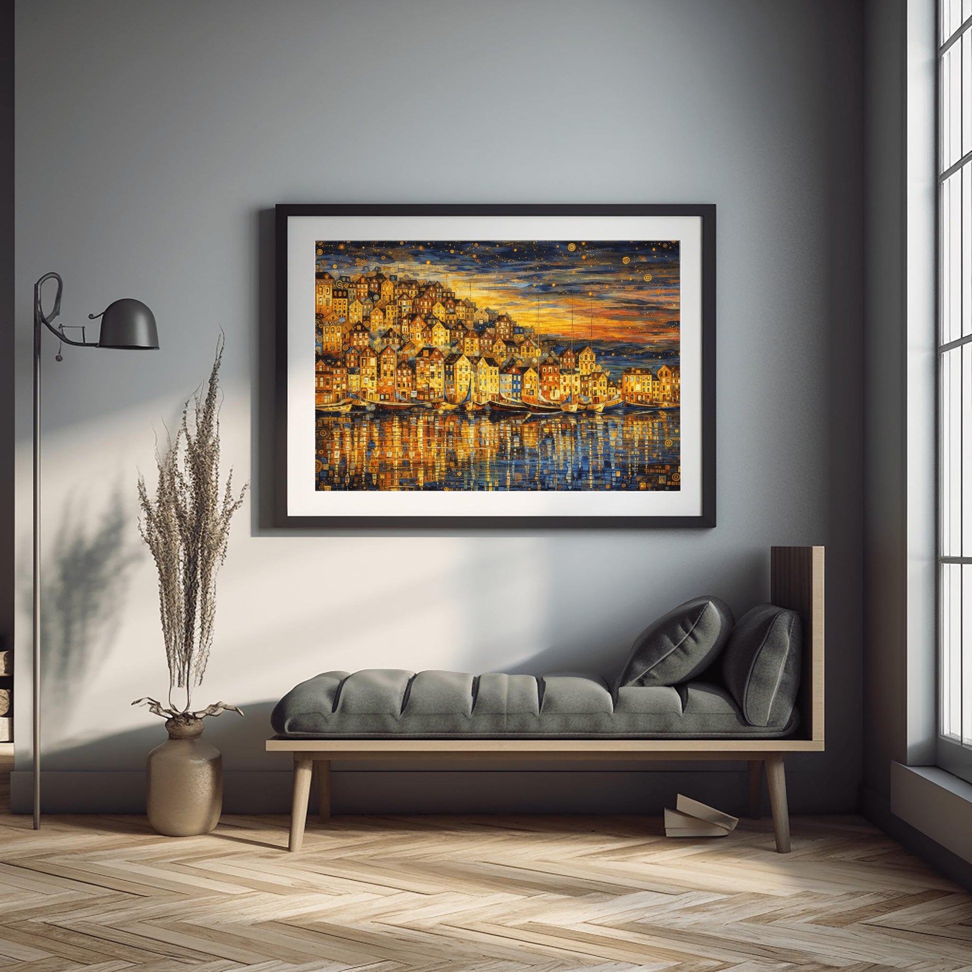 A horizontal landscape art print in the style of Gustav Klimt, depicting a coastal village at dusk. A dense cluster of golden, mosaic-patterned houses sits on a hill overlooking a harbor. Several traditional wooden sailboats are anchored in the water, which reflects the warm gold light of the buildings. The sky above is a dark indigo filled with golden swirling patterns and stylized stars. The overall composition is rich with gold leaf textures and intricate decorative details.