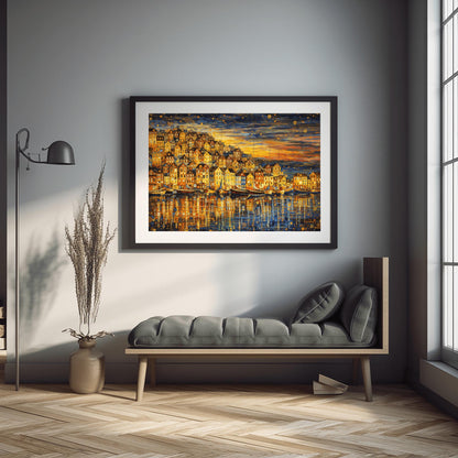 A horizontal landscape art print in the style of Gustav Klimt, depicting a coastal village at dusk. A dense cluster of golden, mosaic-patterned houses sits on a hill overlooking a harbor. Several traditional wooden sailboats are anchored in the water, which reflects the warm gold light of the buildings. The sky above is a dark indigo filled with golden swirling patterns and stylized stars. The overall composition is rich with gold leaf textures and intricate decorative details.