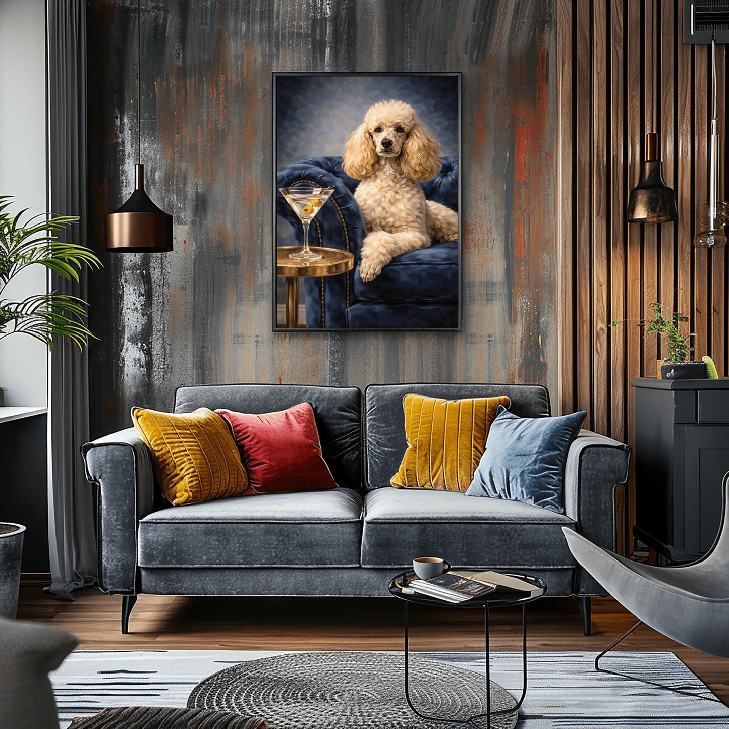 A vertical oil-style painting of a well-groomed white poodle sitting regally on a plush, dark blue velvet tufted armchair. To the left, a glass martini with two green olives on a toothpick sits on a round gold side table. The poodle has a calm, sophisticated expression. The background is a moody, dark grey-blue with visible painterly textures.