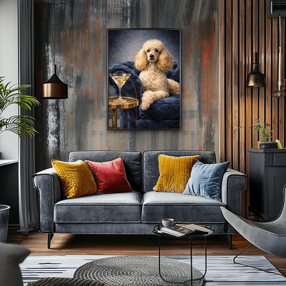 A vertical oil-style painting of a well-groomed white poodle sitting regally on a plush, dark blue velvet tufted armchair. To the left, a glass martini with two green olives on a toothpick sits on a round gold side table. The poodle has a calm, sophisticated expression. The background is a moody, dark grey-blue with visible painterly textures.