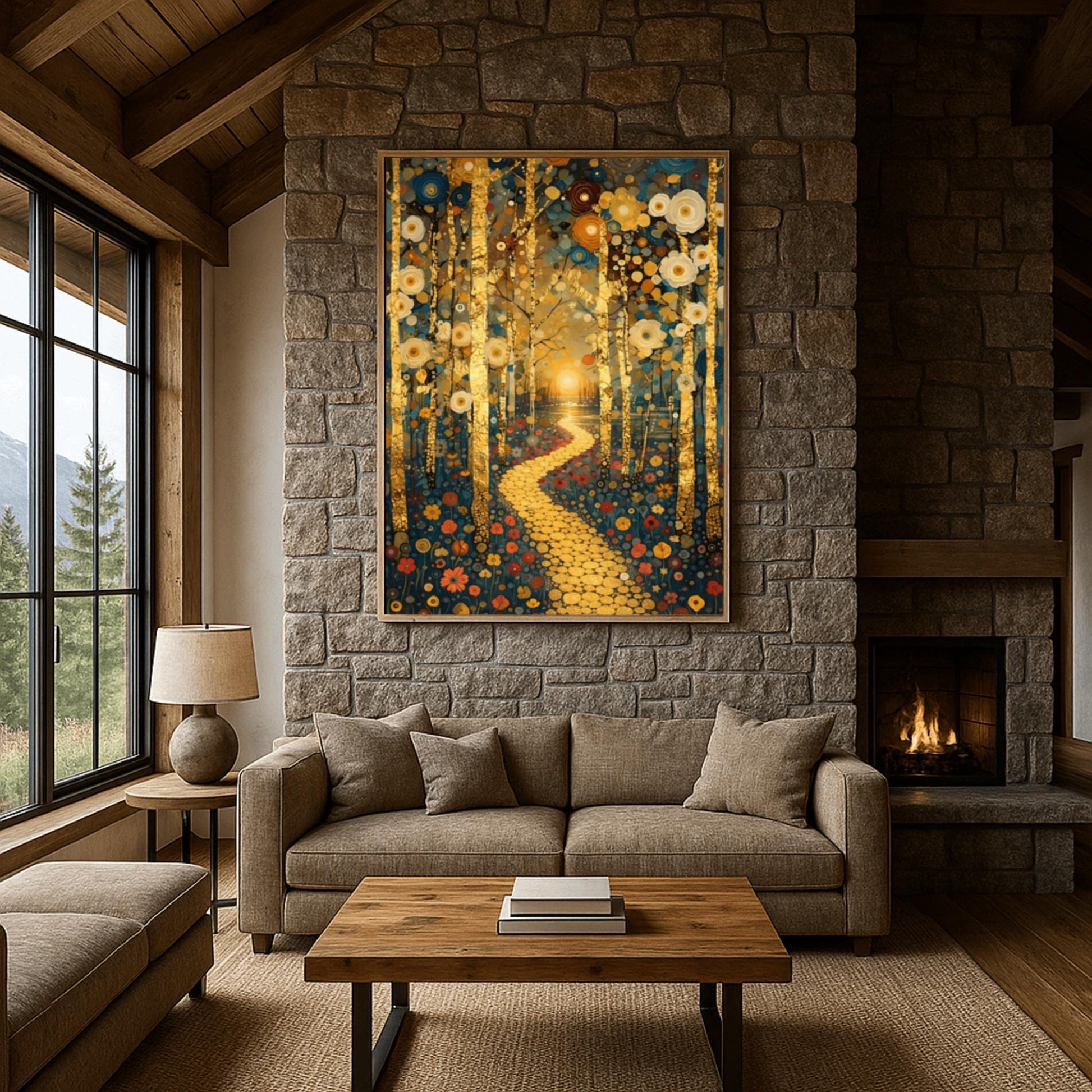 A vertical fine art landscape in the style of Gustav Klimt. Textured gold leaf birch trees frame a winding path made of golden mosaic discs. The path leads toward a sun setting over a lake in the background. The scene is filled with stylized flowers on the ground and decorative blue and cream circular motifs in the sky.