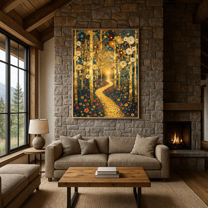 A vertical fine art landscape in the style of Gustav Klimt. Textured gold leaf birch trees frame a winding path made of golden mosaic discs. The path leads toward a sun setting over a lake in the background. The scene is filled with stylized flowers on the ground and decorative blue and cream circular motifs in the sky.