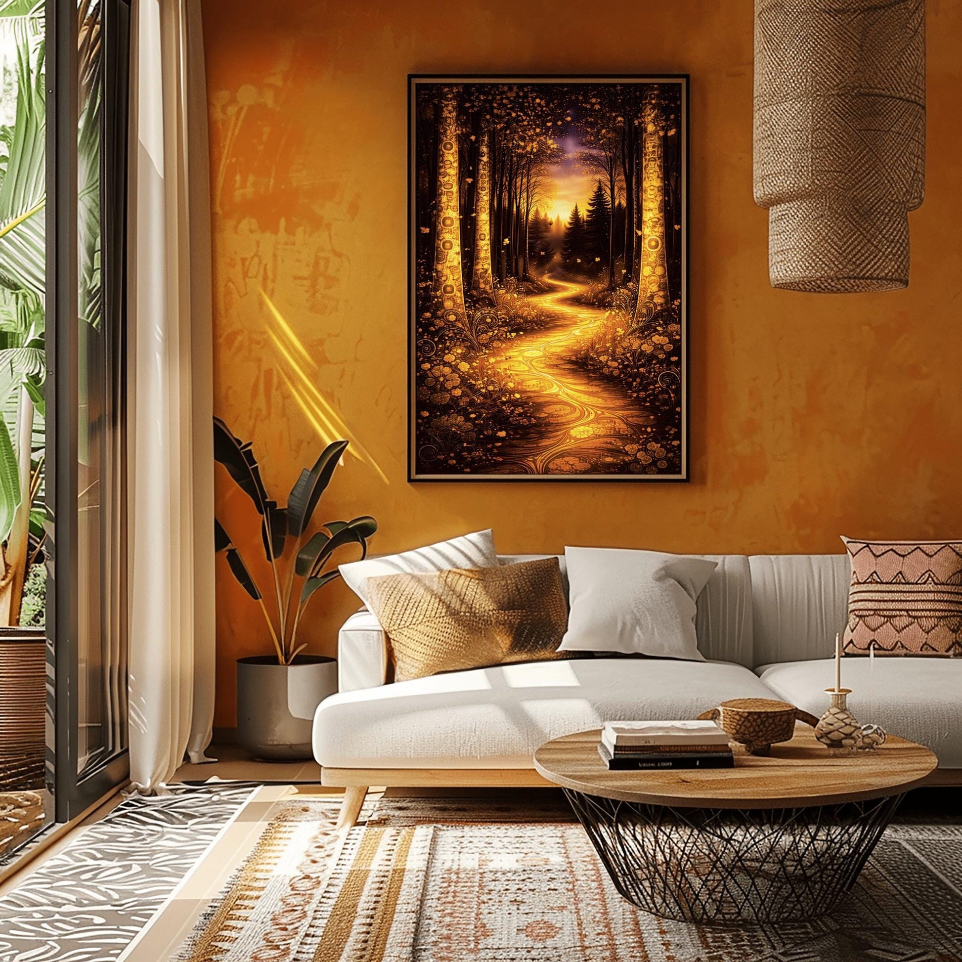A vertical full-bleed illustration in the style of Gustav Klimt. A glowing, winding golden path flows through a dark forest. Large trees on either side are decorated with intricate golden mosaic patterns. The background features dark silhouettes of pines against a hazy, sunlit sky.
