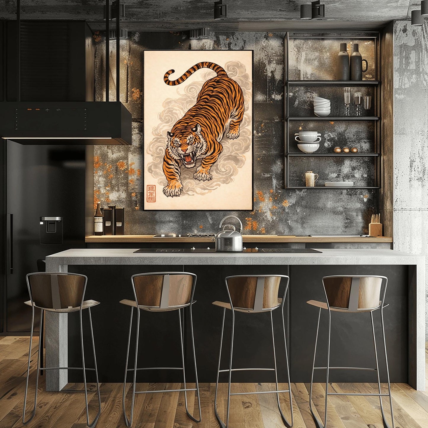 A vertical Japanese-style art print of an orange and black striped tiger prowling forward with an open mouth and fierce expression. The tiger is surrounded by stylized, swirling grey clouds of mist. The background is a textured light cream color, and a red square calligraphy seal is visible in the bottom left corner. The style is reminiscent of traditional ukiyo-e woodblock prints.