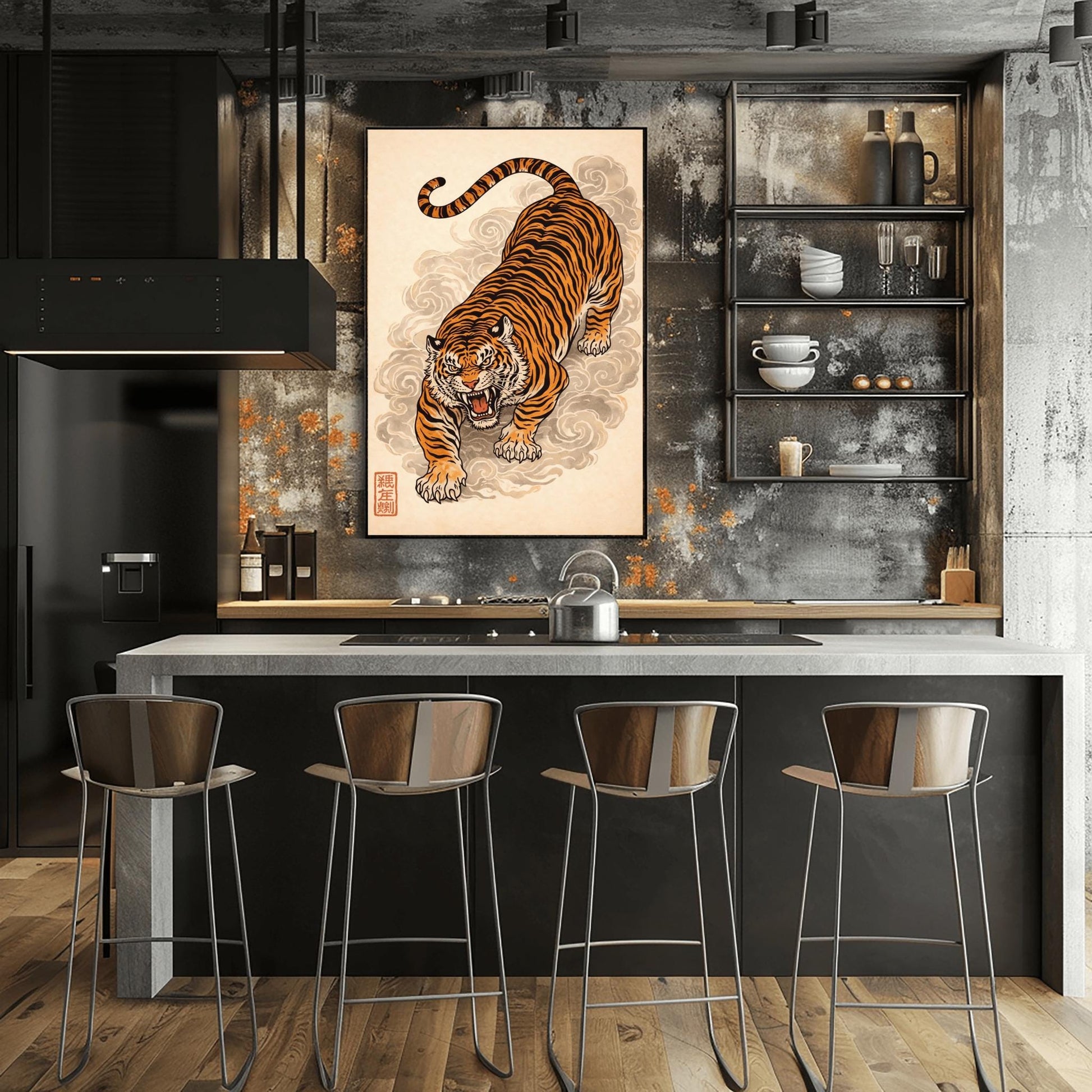 A vertical Japanese-style art print of an orange and black striped tiger prowling forward with an open mouth and fierce expression. The tiger is surrounded by stylized, swirling grey clouds of mist. The background is a textured light cream color, and a red square calligraphy seal is visible in the bottom left corner. The style is reminiscent of traditional ukiyo-e woodblock prints.