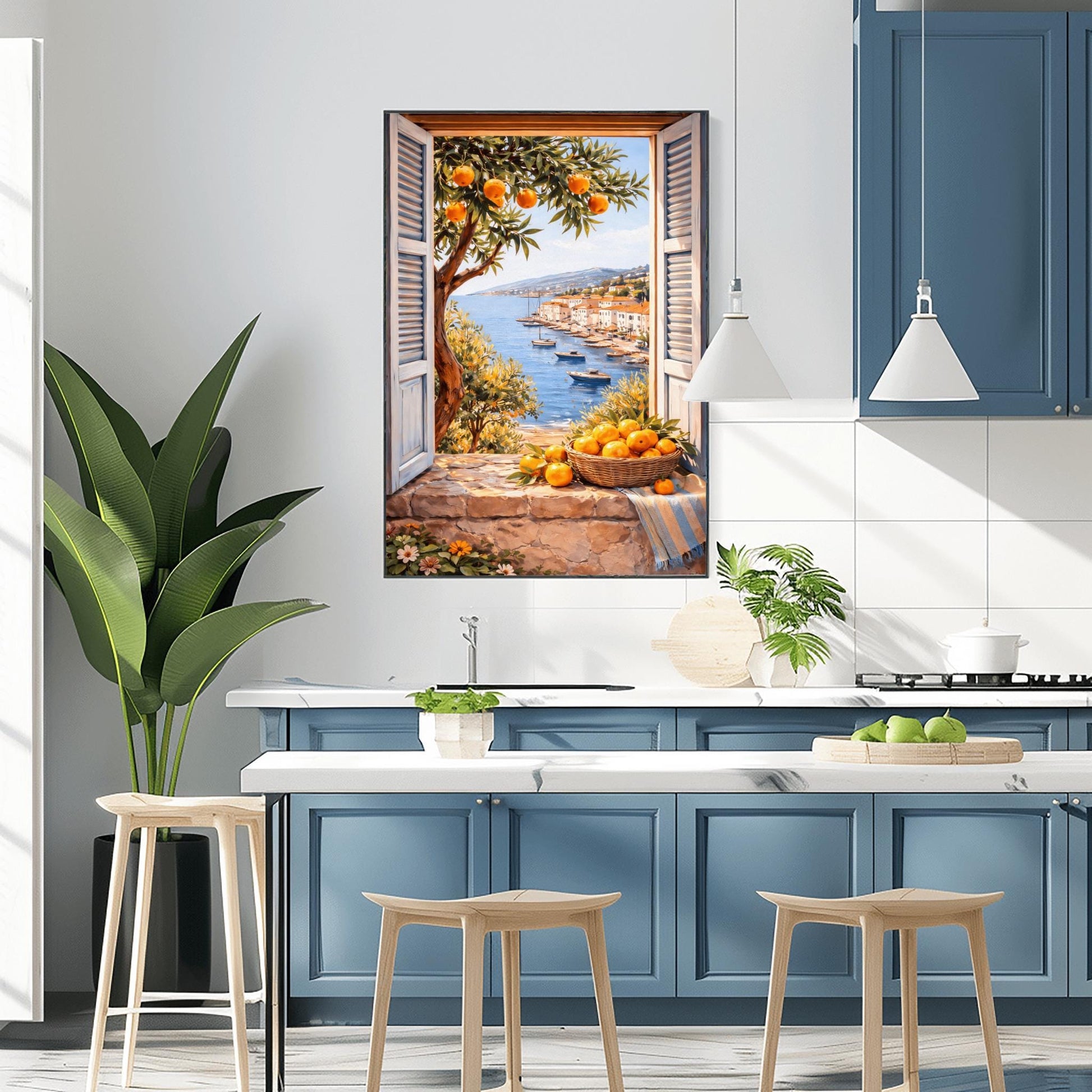 A vertical painterly illustration looking through a stone window with light blue shutters. A woven basket of oranges and a striped blue cloth sit on the ledge. Outside, an orange tree frames a view of a blue sea with boats and a sun-drenched coastal town.